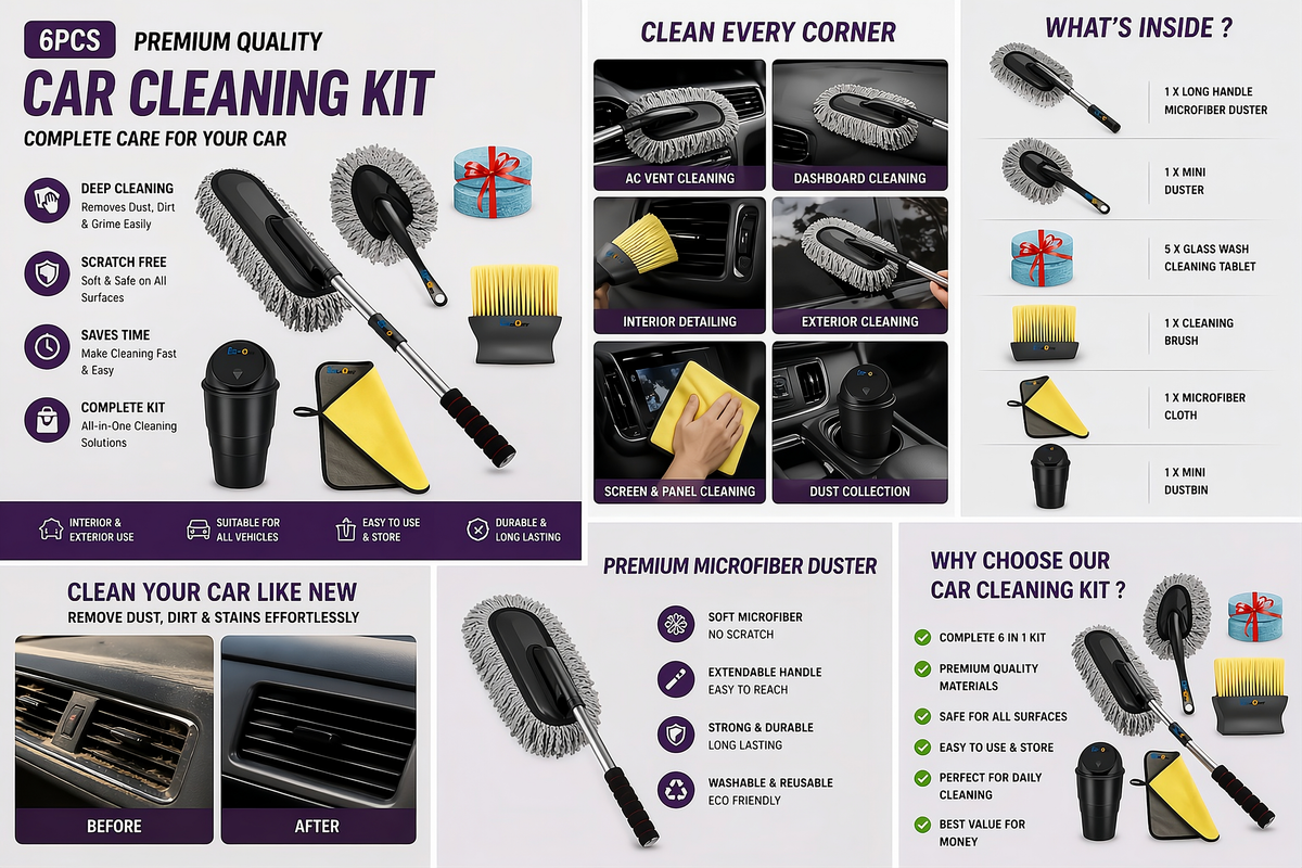 6-in-1 Car Cleaning Kit – Microfiber Duster, Interior Brush, Cleaning Cloth & Mini Dustbin Combo